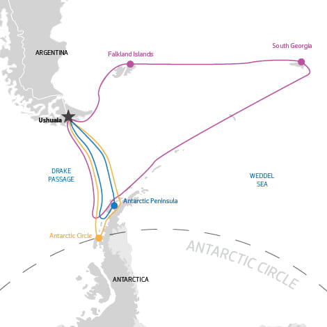 map of Antarctic cruise itineraries from South America 